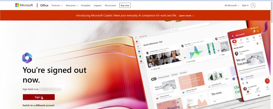 Step 1: Microsoft 365 signed-out page with a Sign in button